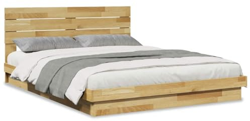 Mhdvray Eichenholz Bett 160x200 cm ohne Matratze, Massivholzbett mit Kopfteil, Niedriges Bett für Jugend- und Gästezimmer, Lattenrost, Platzsparend