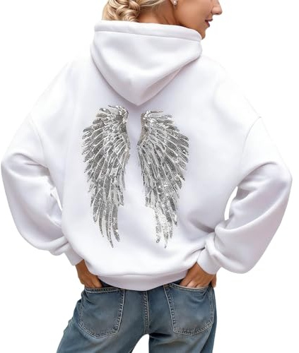 Générique Sweat à Capuche Femme Pull Ange Paillettes Hoodie Oversized Motif Ailes Casual Chic Femme Sweat Shirt à Manches Longues Hiver Chaud Décontracté Streetwear Sport Vêtements
