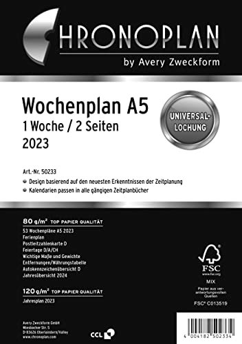 Chronoplan 50233 Kalendereinlage 2023, Wochenplan im A5 Format (148x210 mm), Tage in Spalten, Ersatzkalendarium, ideal für detaillierte Wochenplanung, Multilochung (1 Woche auf 2 Seiten), weiß
