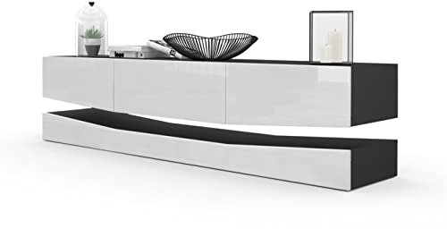 Vladon Lowboard City, Made in Germany, TV-Kommode mit Sockelelement, 1 offenem Fach und 3 Schubkästen, Schwarz matt/Weiß Hochglanz (178 x variabel x 39 cm)