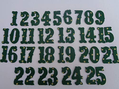 Advent Calendar Numbers 1-25. Iron On Fabric (No Sew) Green with Small Gold Stars