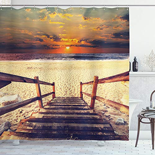 ABAKUHAUS Strand Duschvorhang, Romantische Sonnenuntergang-Skyline, Stoffliches Gewebe Badezimmerdekorationsset mit Haken, 175 x 240 cm, Orange Creme