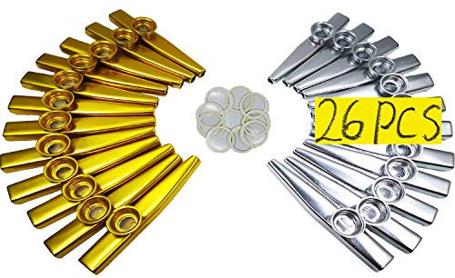 Fartime Kazoos aus Metall in Gold und Silber, mit 20 Kazoo-Flöten-Membranen, Musikinstrumente, gutes Geschenk für Kinder, ein guter Begleiter für Ukulele, Violine, Gitarre, Klaviertastatur, 26 Stück
