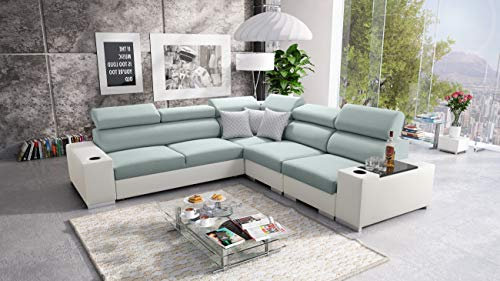 Ecksofa mit Schlaffunktion Seo III - Schlafsofa mit Bettkasten - Sofa L-Form 282x282 cm - Eckcouch - Gewebe mit Kunstleder - verstellbare Kopfstützen - Rechte Seite - Mintfarbe/Weiß - Modern 26