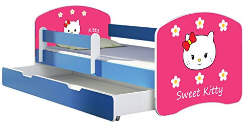 ACMA Kinderbett Jugendbett mit Einer Schublade und Matratze Blau mit Rausfallschutz Lattenrost II 140x70 160x80 180x80 (16 Sweet Kitty 2, 180x80 + Bettkasten)