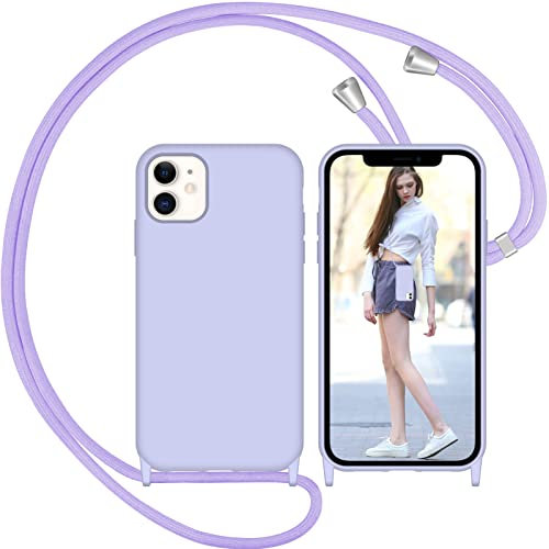 Nupcknn Coque en silicone avec corde pour iPhone 11, coque souple en silicone avec sangle réglable collier sangle de cou chaîne (violet, 6,1)