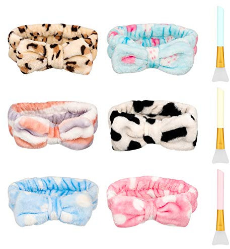 metagio 6 Stück Spa-Make-up-Stirnbänder, Absorptions-Haarbänder, elastische Korallen-Kopfwickel, verstellbar, weiches Gesichts-Stirnband mit 3 Silikonbürsten