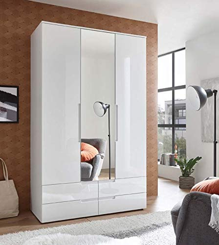 möbelando Schlafzimmerschrank Schrank Kleiderschrank Suzette I Weiß/Hochglanz/Spiegel