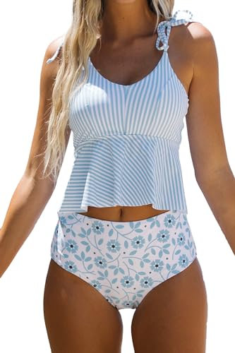 Beachsissi Damen Hoch taillierte Badeanzüge Krawatte Schulter Zweiteiler Bikini Streifen Print Rüschen Niedliche Tankini Sets, Blau, L