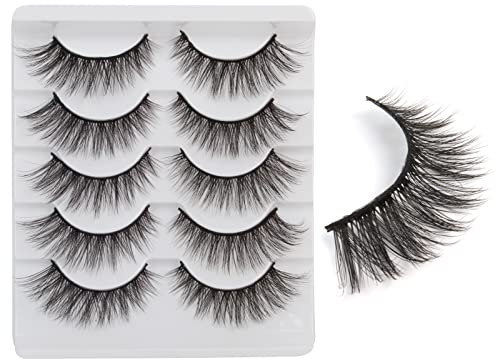 3D Faux Cils Naturel, 5 Paires Réutilisable Court Doux Cat Eyes Fake Lashes Maquillage Yeux de Chat False Eyelashes Kit Fait à La Main Fluffy Vaporeux en Bande Cils Moelleux Cils