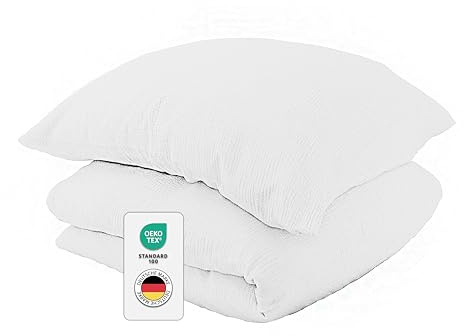 jilda-tex Bio-Bettwäsche Musselin Medina 100% Bio-Baumwolle Knitterlook Bügelfrei Uni Made in Green (Weiß, 155x220 + 80x80 cm)