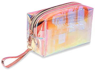 Trousse de Maquillage Holographique, Trousse de Toilette Transparente avec Fermeture Éclair et Poignée Portable, Petite Trousse de Maquillage pour Femmes et Filles, Étanche pour Plage (A)
