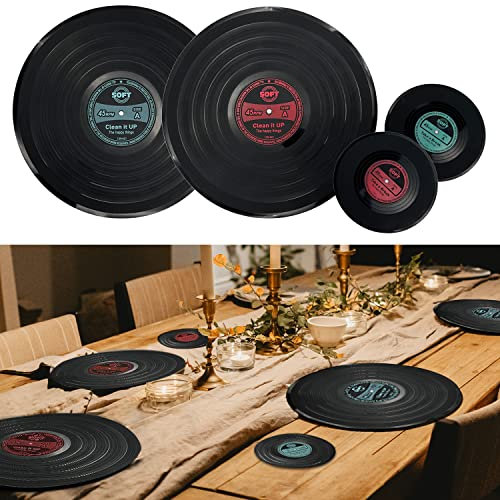 MEDOYOH 2er-Set Vinyl Schallplatte Platzsets mit Untersetzer Set, Rund Platzdeckchen Vinyl Tischsets Platzsets Schwarz Abwaschbar Hitzebeständig Anti-Rutsch für Küche Restaurant Home