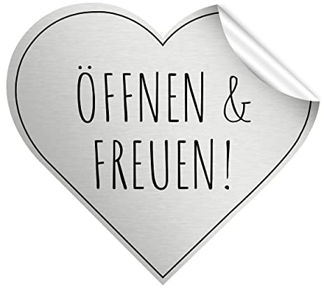 80x Aufkleber Öffnen und Freuen silber/schwarz 3,5cm hoch | Etiketten Öffnen & Freuen selbstklebend, Sticker in Herzform f. Hochzeit, Geschenkverpackung auf Tüten, Karte, uvm.