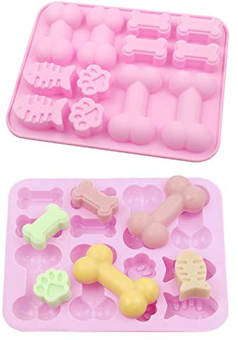 2 PCS Silicone Paw Bone and Fish Shaped 3 in 1 Baking Moulds Pink Non Stick Dog Paw Bone Chocolate Moulds for Cake Cookie Jelly Ice Cube Trays Dog Treats