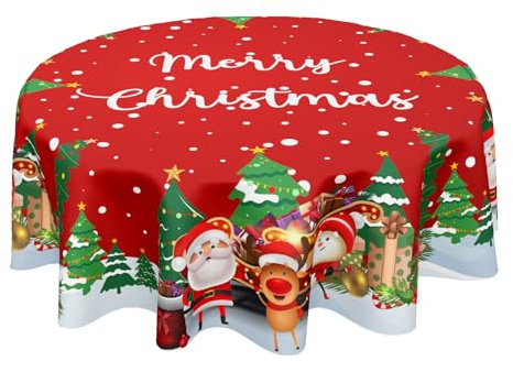 ABSOP Frohe Weihnachten Tischdecke, rund, 152,4 cm, Weihnachtsmann, Schneemann, Tischdecke, Rentier, Schneeflocken, rote Tischdecke für Urlaub, Party, Outdoor, Esszimmer, Zuhause