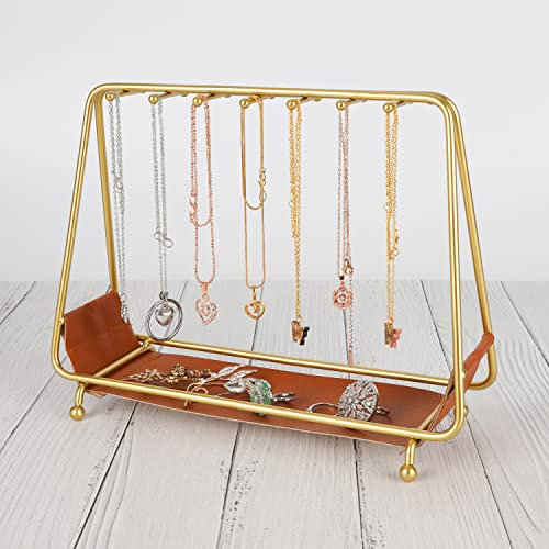 BELLE VOUS Presentoir Bijoux avec Base en Cuir Marron - 14 Bras de Suspension et Base de Rangement - Porte Bijoux Femme - Porte Boucle d’Oreille, Colliers, Bracelets & Bagues