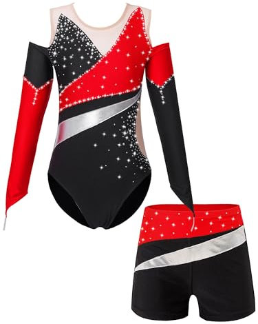 iEFiEL Mädchen Glitzer Turnanzug Mit Strass Leotard Gymnastikanzug Langarm Ballett Trikotanzug Tanzkostüm Set Sportlich Shorts Kruz Rot 122-128