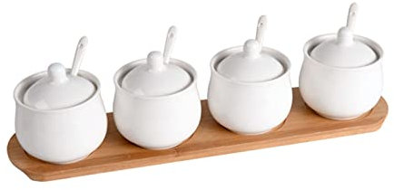 Trjgtas Zuccheriera in ceramica con coperchio, zuccheriera in porcellana con cucchiaio, piccola saliera, barattolo, for bar, ristorante-bianco-2 set (Color : White, Size : 4 Set)