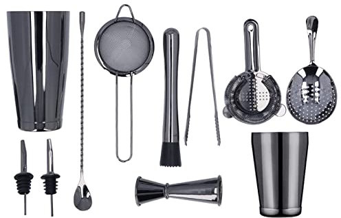 Juego de Coctelera Boston de 11 el Kit de Barman de Acero Incluye 1 Medidor Doble, 2 Latas de Coctelera, 1 Batidor, 1 Cuchara Mezcladora, 2 Coladores de Hielo, 2 Tapones de Licor, 1 Colador