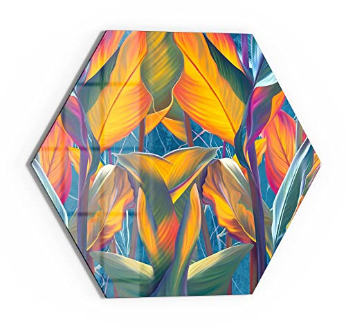 DEQORI Glasbild Echtglas | Motiv Exotisches Blättermeer | sechseckig einteilig 40x34,5 cm | schöne Dekoration | Wandbild für Wohnzimmer, Schlafzimmer, Flur & Küche | moderne Wanddeko