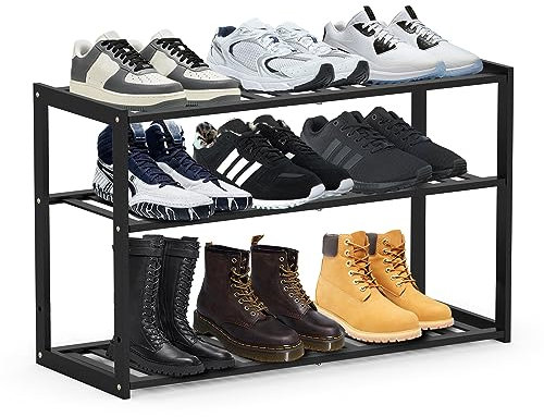 Jripae Bambus-Schuhregal für Schrank, 3-stöckig, länger feuchtigkeitsabweisend, Schuhregal, freistehend, für Eingangsbereich, Flur, schwarz, wasserdicht, Schuhaufbewahrung für drinnen und draußen
