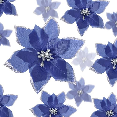 WILLBOND 24 Pieces 3 Size Christmas Glitter Poinsettia Flowers Wedding Faux Flowers Christmas Decoration Ornaments For Christmas tree New Year Home Outdoor Decoration (Navy Blue,3.2/4/6 Inches)