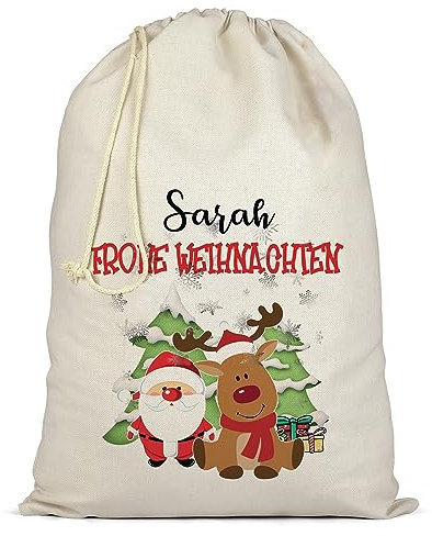 AIGAT Personalisierbarer Weihnachtsmann Sack Tasche Extra groß XL - Rentier und Weihnachtsmann