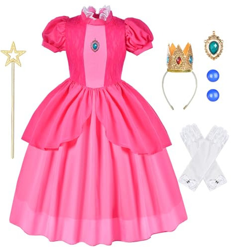 Aomig Prinzessin Peach Kostüm, 6-Teiliges Rosa Peach Kostüm Prinzessinnenkostüm mit Krone, Ohrringen, Handschuhen, Brosche und Zauberstab, Geeignet für Princess Peach Showtime an Halloween(130)