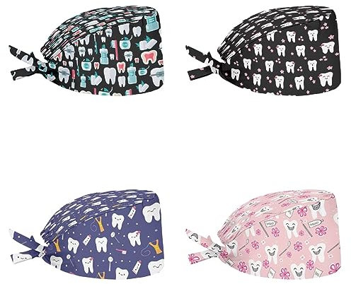 Yuuxorilu Scrub Cap Set 4 Pack,Women Men Working Cap with Adjustable Tie Sweatband, Teeth, One size