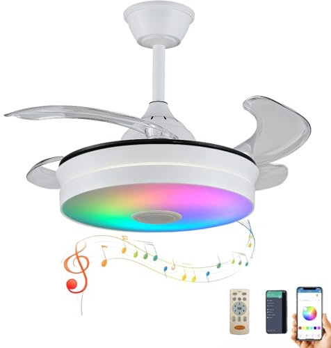 KIVARI Ventilador de Techo con Luz LED - Aspas Retráctiles, Música y RGB - Silencioso con Lámpara y Moderno con Mando a Distancia, Bluetooth y APP para Salón y Dormitorio (S - Normal)