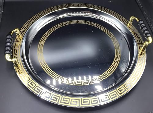 Bandejas marroqui redondacon garbados para servir el te ayudante de buffet, bandeja de acero inoxidable con borde decorativo, asas de zinc fundido a presión, cromado plata 36cm mediana
