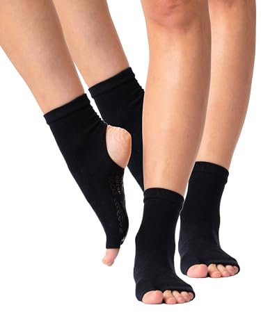 DRESP Yoga-Socken mit Anti-Rutsch | Zehenfreie Stulpen für Tanz, Sport und Yoga | Warme Baumwolle | Fersenfrei | Elegante Yoga Socke - Baumwoll-Mix (36-38, 2 Paar Schwarz/Schwarz)