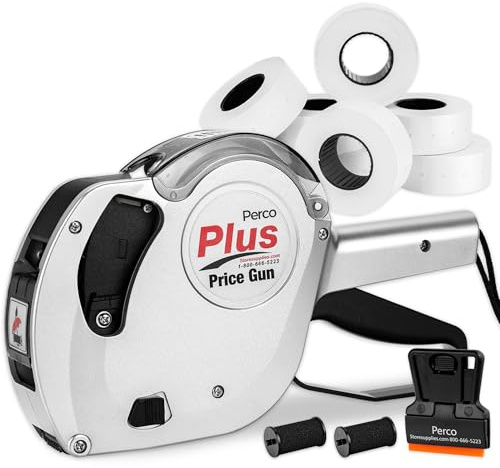 Perco Plus 1-zeilige Preisauszeichnungspistole mit Etiketten-Set, vergleichbar mit Monarch 1131-01 Band, inklusive 1-zeiliger 8-stelliger Band-Preisetikettierpistole, 9.000 leere weiße Etiketten