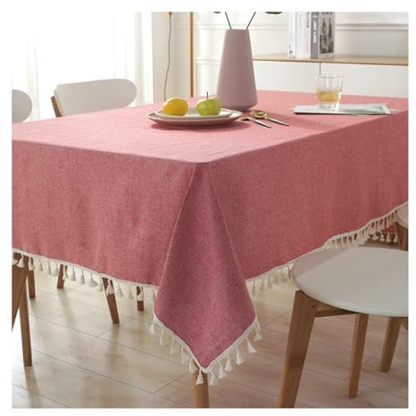 Gualiy Tischdecke Baumwolle Leinen Rechteckig, Tischtuch 120x160CM Tischdecke Abwaschbar Stoff Einfarbig mit Quasten Tischdecken für Gartentisch, Rosa
