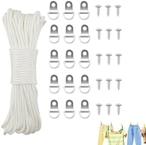15m x 3mm Picture Wire - White Nylon Cord with 15 Hanging Hooks and Screws for Mirror, Photo Frame or Wall Art Hold up to 30kg