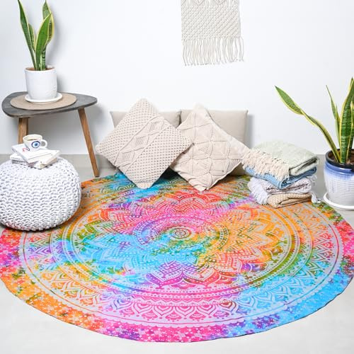 RAJRANG BRINGING RAJASTHAN TO YOU Multicolor Mandala Ombre Tapestry Chakra Wall Hanging Boho Hippie Tablecloth Pure Cotton Beach Throws for Picnic and Camping 48 Inch