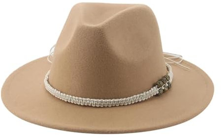 SOYNIA Fedora Trilby Filzhut Hut Hüte Für Damen Fedora Gefilzt Herrenhut Panama Lässig Vintage Western Cowboy Kette Breite Krempe 52–54 cm (Kinder) Kamel