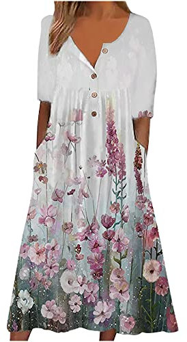 Robe Ete Femme Col en V Bouton Décontractée Boheme Chic Mi Longue Robe à Couleur Unie bohème Femmes,Manches Courtes,Plage Fluide Maxi Robe Ample Fluide Robe avec Poches