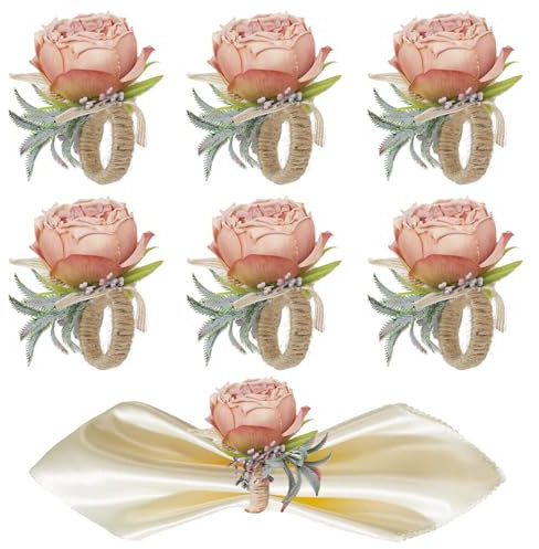 Pasdrucn 6 Stück Künstliche Blumen Serviettenringe, Rosen Serviettenringe Set, Farbenfrohe Florale Serviettenhalter, Bionische Blume Serviettenhalter Set Für Hochzeitsfeier, Abendessen (Rosa)