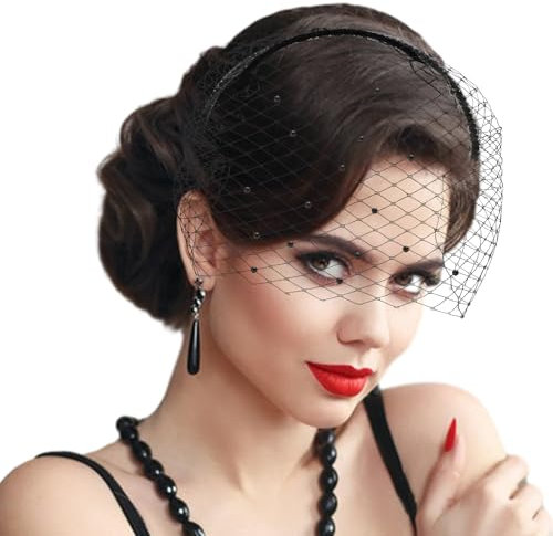 GEEHUA Braut Schleier Stirnband, Hochzeit Fascinator Damen aus Netzstoff Vogelkäfigschleier Vintage Spitzenschleier Kopfbedeckung im 1920er Jahre Stil Halloween Zubehör(Schwarz)