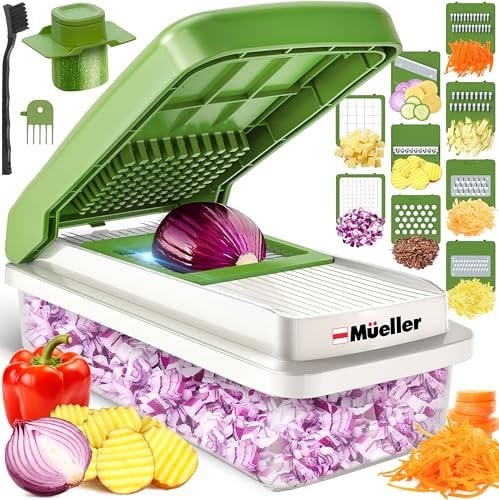 Mueller Picador de verduras de 9 cuchillas, cortador de mandolina, picador de verduras de alimentos, rallador de queso, cortador de verduras de cebolla con contenedor, dicer, utensilios de cocina y