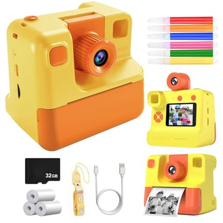 dijiusidy Kinderkamera, Sofortdruck, Kinder Sofortdruck, Kinder Sofortbildkamera, Sofortbildkamera, 180° Objektiv, umklappbar, Selfie Kinderkamera, Gelb
