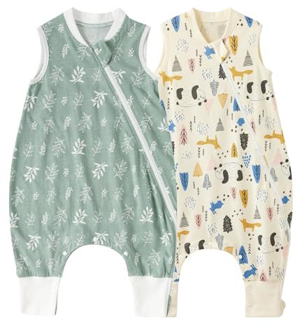 Duomiaomiao Baby Schlafsack mit Füßen,2er Pack 1.0 Tog Kinder Ganzjahres Frühling Schlafsack,100% Baumwolle Schlafsack Baby, Jungen Schlafdecke mit Beinen(75CM/Blatt+Panda)