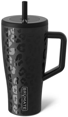 BrüMate Era Trinkbecher mit Griff und Strohhalm, 100 % auslaufsicherer, isolierter Becher mit Deckel und Strohhalm, aus Edelstahl, Becherhalter-freundlicher Boden, 850 ml, Onyx-Leopardenmuster