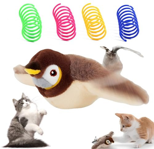 AOUZOVLI Katzenspielzeug Vogel Fliegt Elektrisch Vogelspielzeug für Katzen Flappy Bird Cat Toy mit Katzenminze Simulation Spatzenform mit 4 Bunten Federstäben Interaktives Spielzeug