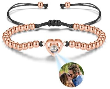 JSDDE Projektion Armband mit Foto Personalisiertes Projektions Herz Perlenarmband Fotoarmband mit eigenem Foto Personalisierte Geschenk für Damen Herren (Rosegold)
