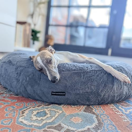 EDEL&SCHNELL orthopädisches Hundebett mit waschbarem Bezug, rundes Hundekissen in Sand mit Kunstfell Bezug in Grau, Durchmesser 65 cm