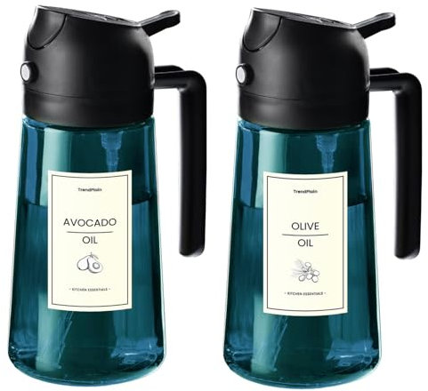 TrendPlain Pulverizador de Aceite Spray de Vidrio Azul 470ml - Pack de 2 - Spray y Dispensador con Protección contra la Luz para Freidora de Aire, Ensaladas y Vinagre - 2× Negro