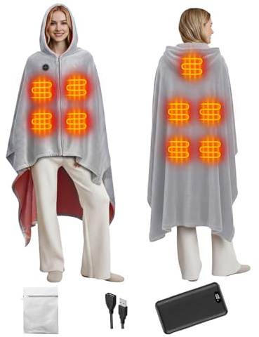 Electric Heated Throw Blanket with 20000mAh Power Bank & Extension Cord, 9 Heating Zones, 3 Adjustable Heat Levels, Wearable Shawl with Removable Zippered Hood for Women Men(180x110cm, Light Grey)
